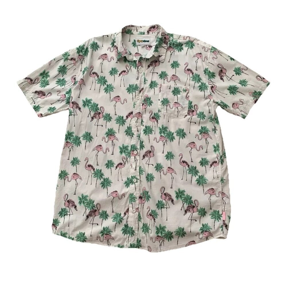 Tipsy Elves Button Up Shirt Men’s Size 2XL Flamingo Palm Trees White Tropical